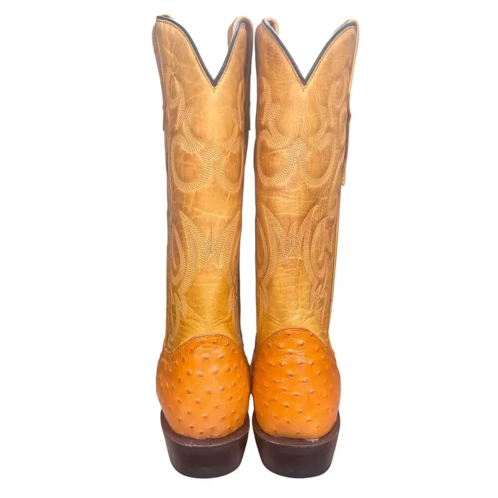Soto Boots Ostrich Print Yellow Cognac Wide Cowboy Boots Size 10 EE